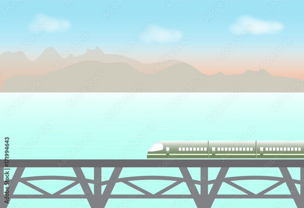 High speed train passing through the lake and mountain, nature background