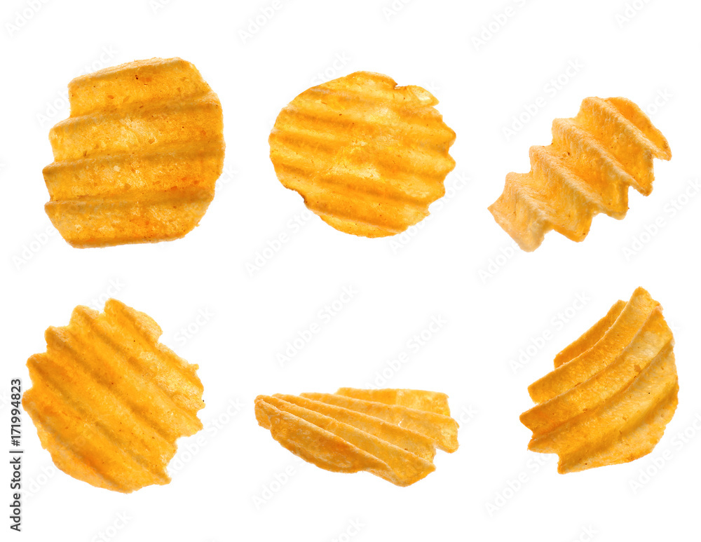 Tasty potato chips on white background Tasty potato chips on white background
