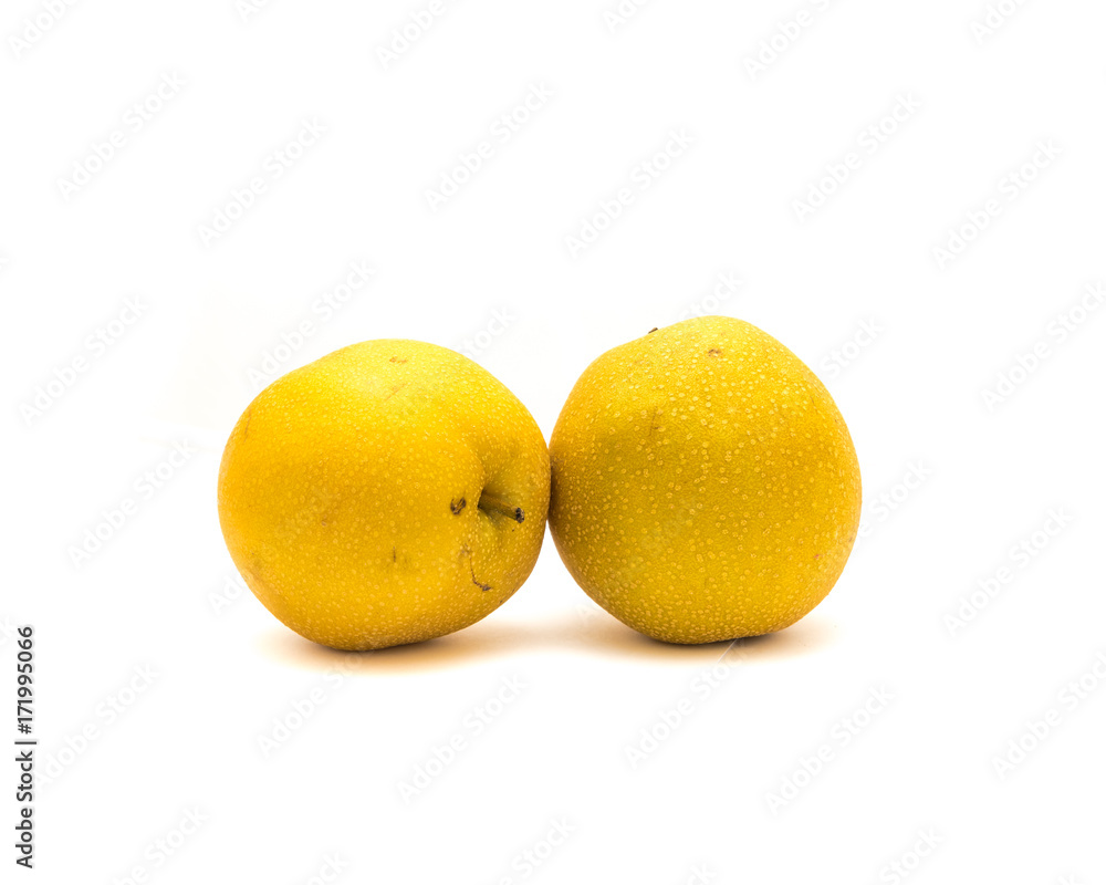 Studio shot two California apple pears (Asian pear, pyrus pyrifolia) isolated on white background. It has the shape and texture of an apple but the flavor of a pear. Studio shot two California apple pears (Asian pear, pyrus pyrifolia) isolated on white background. It has the shape and texture of an apple but the flavor of a pear.