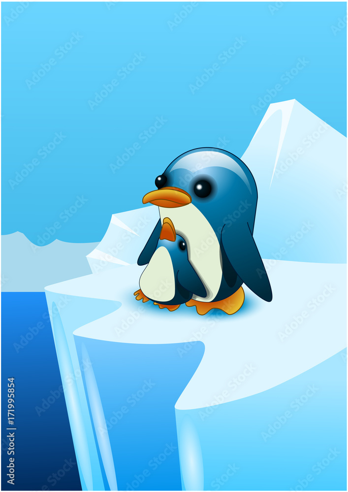 Obraz premium Two penguins. A penguin with his baby in the south pole. Vector illustration