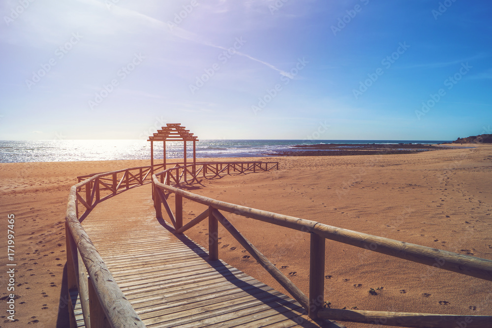 Wooden walkway at Trafalgar beach - Cape of Trafalgar, Andalusia, Spain