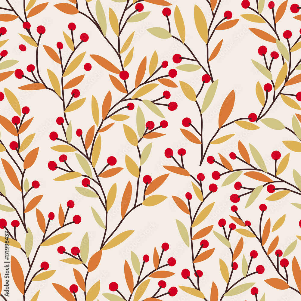 Seamless vector autumn pattern with red and orange berries and leaves. Fall colorful floral background. Elegant floral seamless pattern.