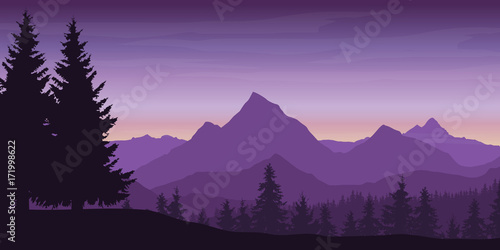 Panoramic view of mountain landscape with forest and hill under violet sky with dawn and clouds - vector