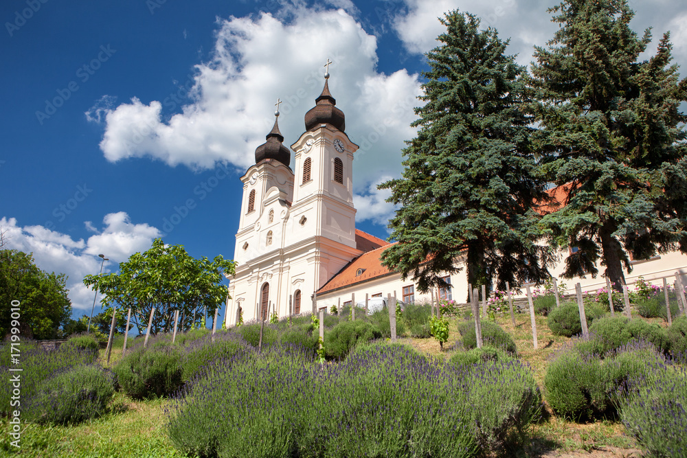 The Tihany Abbey with a lavender garden in the front at Lake Balaton, Hungary