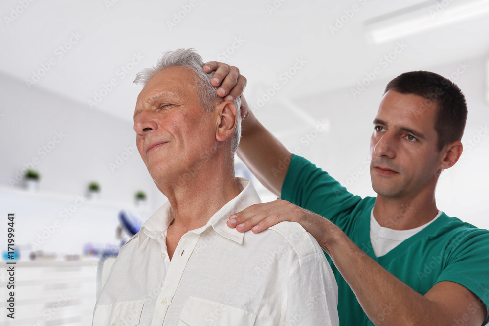 Obraz premium Man having chiropractic back and neck adjustment. Osteopathy, Alternative medicine, pain relief concept. Physiotherapy, sport injury rehabilitation