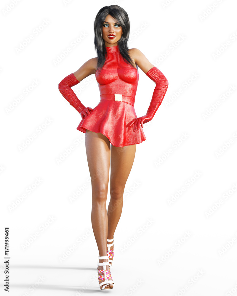Woman in red leather dress. Short skirt. Bright makeup. Conceptual fashion art. Blue eyes. Seductive candid pose. Realistic 3D render illustration. Studio, Isolate, high key. Woman in red leather dress. Short skirt. Bright makeup. Conceptual fashion art. Blue eyes. Seductive candid pose. Realistic 3D render illustration. Studio, Isolate, high key.