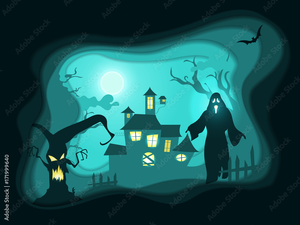 Halloween night poster background with haunted house , scary tree ,full  moon and death monster. Paper art carving style. Flyer or invitation  template for Halloween party. Vector illustration. Stock Vector | Adobe  Stock