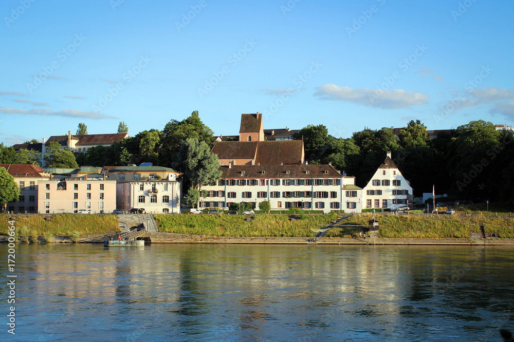 Scenic Rhine River embankment in Basel, Switzerland Scenic Rhine River embankment in Basel, Switzerland