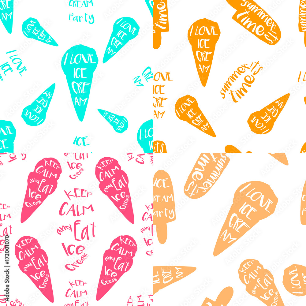 Ice-cream seamless patterns set with lettering in hand drawn style style Ice-cream seamless patterns set with lettering in hand drawn style style