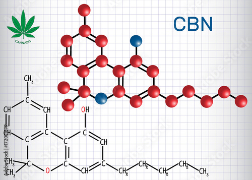 Cannabinol (CBN) - structural chemical formula and molecule model. Weak psychoactive cannabinoid,  is a metabolite of tetrahydrocannabinol. Sheet of paper in a cage