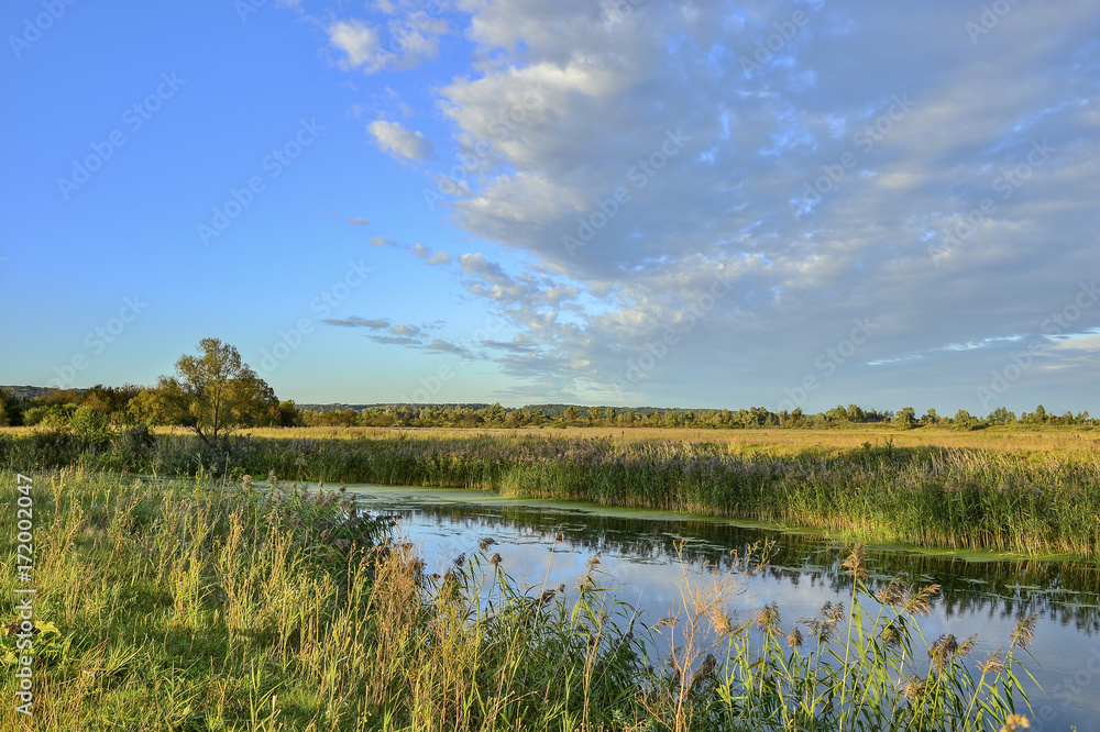 Fototapeta premium Colorful autumn landscape with a river and clouds
