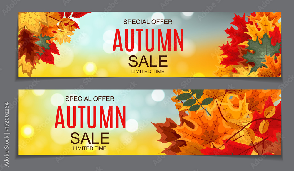 Shiny Autumn Leaves Sale Banner. Business Discount Card. Vector  - obrazy, fototapety, plakaty 