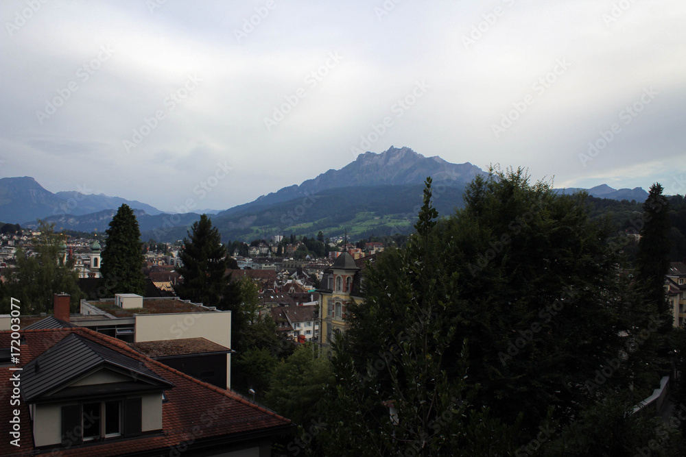 Old town of Lucerne panorama with the view of Mount Pilatus, Switzerland