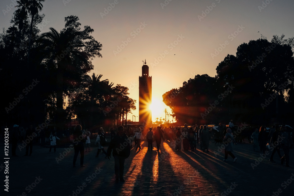minaret of marrakech in sunset