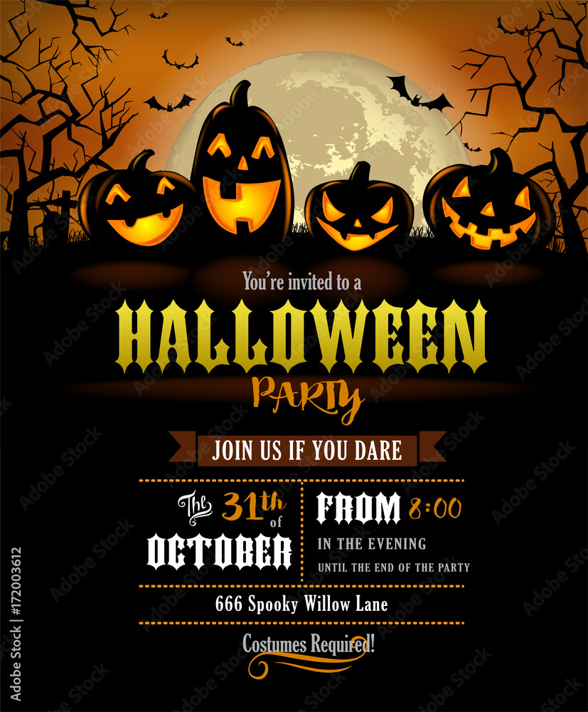 Halloween party invitation with scary pumpkins