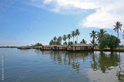 Houseboats lined up on a sunny day on the Kerala backwaters, India © Simon