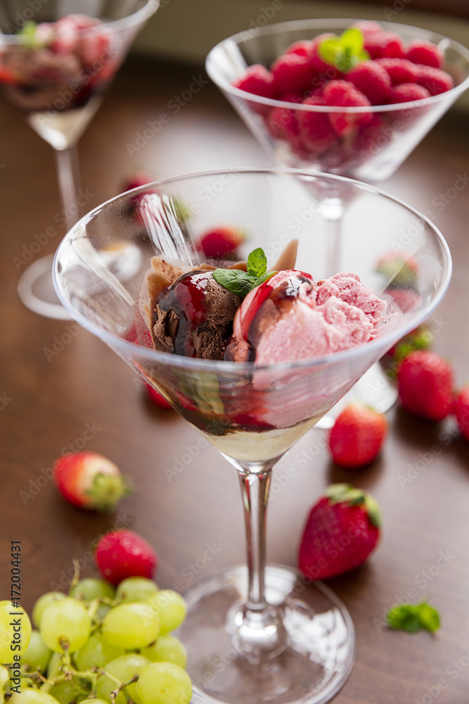 Strawberry ice cream with chocolate, cream and strawberries Strawberry ice cream with chocolate, cream and strawberries