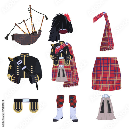 Scottish traditional costume elements and bagpipes flat vector icon set