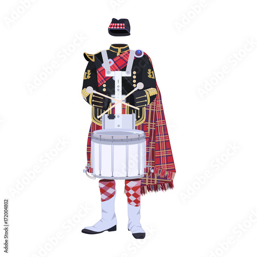 Scottish traditional clothing with drum flat vector illustration