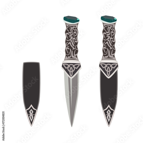 Vector flat illustration of sgian dubh, scottish black knife.