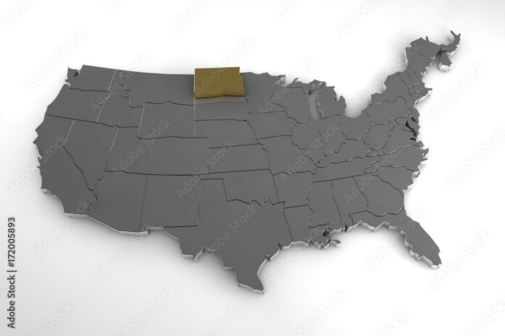 United States of America, 3d metallic map, whith North Dakota state highlighted. 3d render