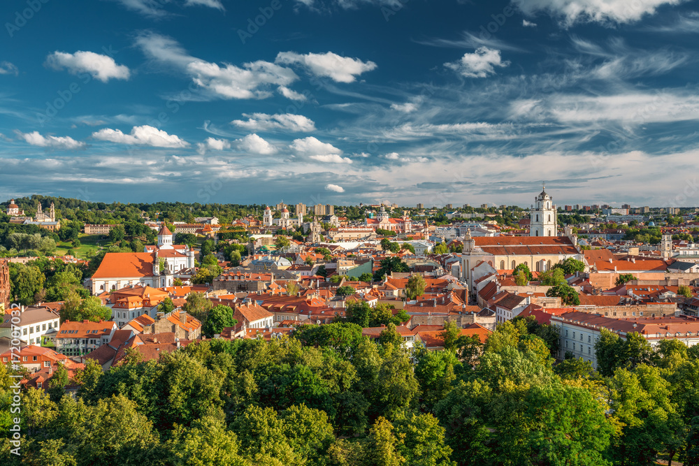 Vilnius, Lithuania. Old Town Historic Center Cityscape Under Dramatic Sky