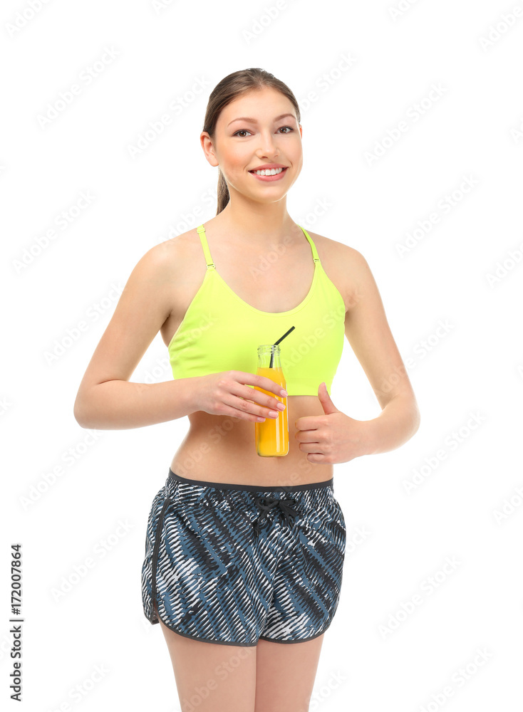 Beautiful young woman with juice on white background. Diet concept Beautiful young woman with juice on white background. Diet concept