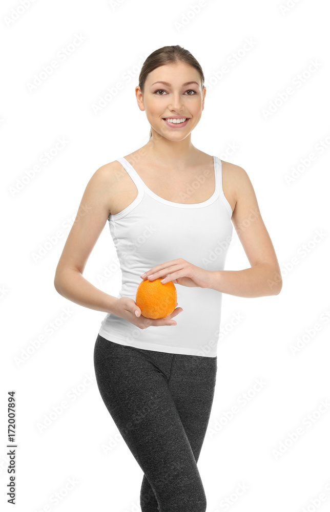Beautiful young woman with orange on white background. Diet concept Beautiful young woman with orange on white background. Diet concept