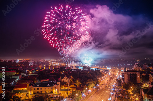 Salute above Voronezh during celebration of festival the Day of the City, aerial view from rooftop