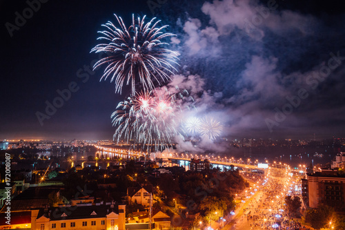 Firework above Voronezh during celebration of festival the Day of the City, aerial view 