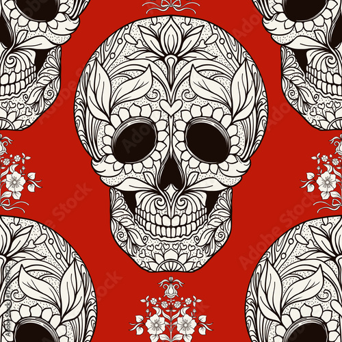 Seamless pattern, background with sugar  skull and floral pattern. Stock line vector illustration.

