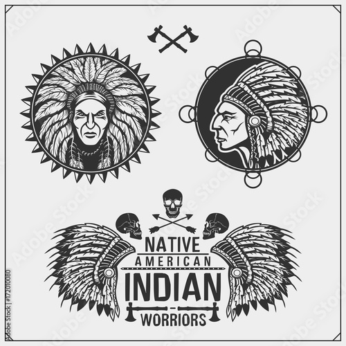 Set of american indian labels, badges, emblems and design elements.