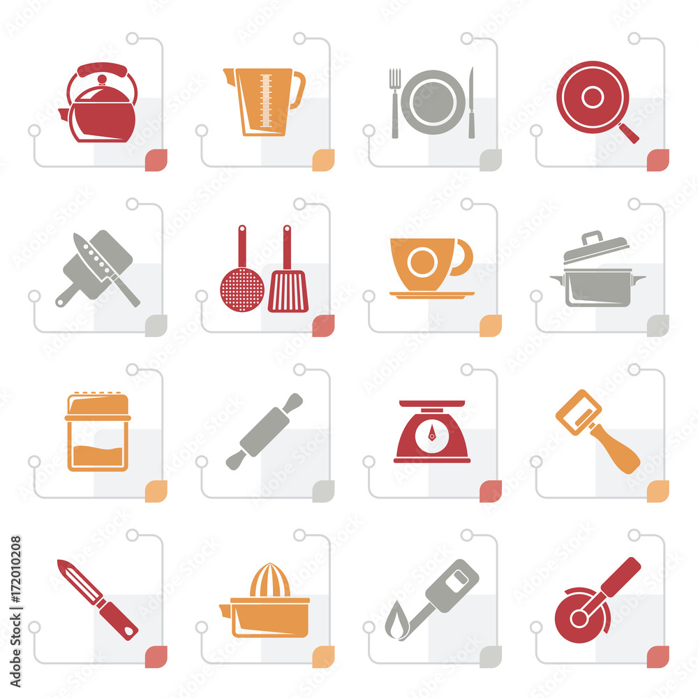 Stylized kitchen gadgets and equipment icons - vector icon set