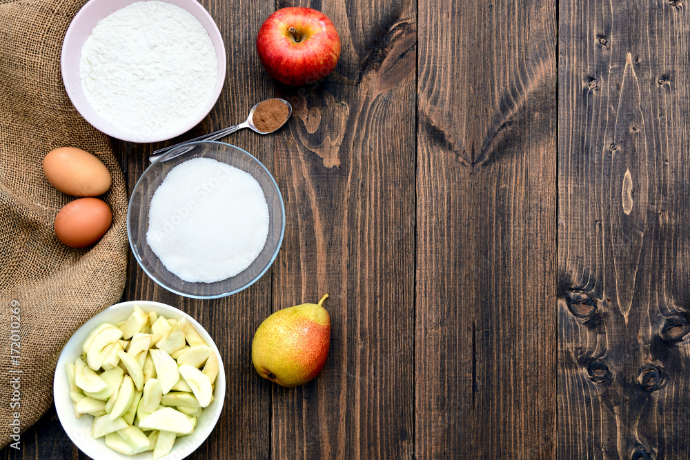 baking ingredients apple pie. Copy space. Top view. Flat lay baking ingredients apple pie. Copy space. Top view. Flat lay