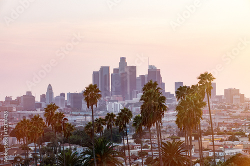 Naklejka na ścianę Panoramę Los Angeles o zachodzie słońca