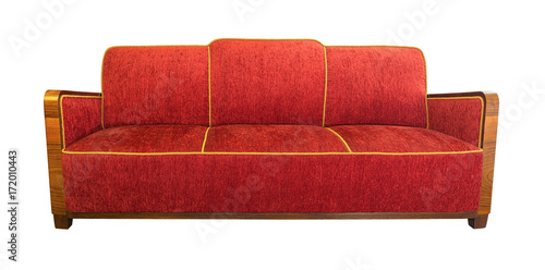 Art Deco style upholstered red armchair sofa with angular wooden armrests