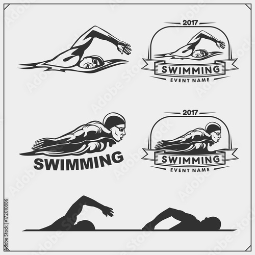 Set of swimming emblems, labels and design elements. Vector illustration.