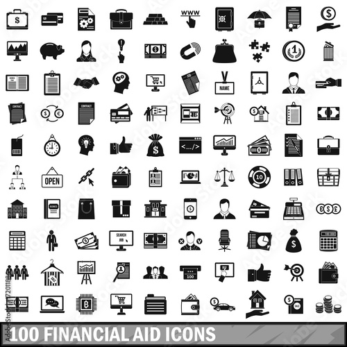 100 financial aid icons set, simple style 