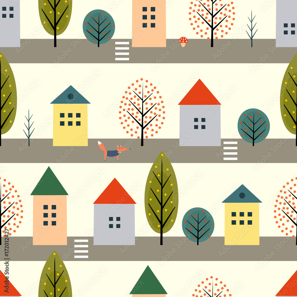 Cute houses, fox and autumn trees along the street seamless pattern on white background. Scandinavian style nature illustration. Autumn landscape with animal design for textile, wallpaper, fabric.
