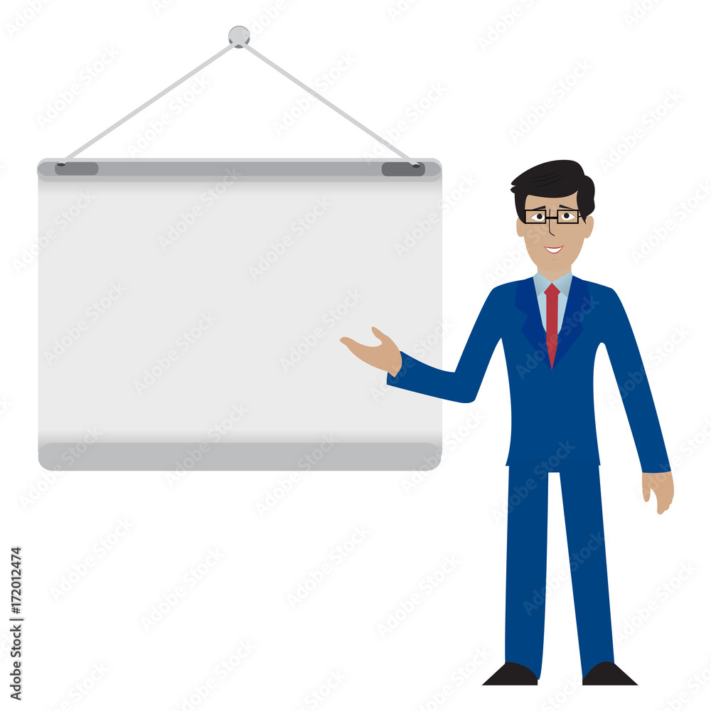young businessman in suit presenting something on a blank board Presentation Seminar illustration young businessman in suit presenting something on a blank board Presentation Seminar illustration