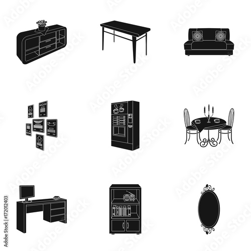 Coffee maker, sofa, mirror, table service in the restaurant and other web icon in black style isometric. Interior and office furniture icons in set collection.