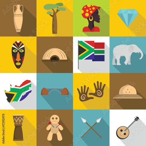 South Africa travel icons set, flat style