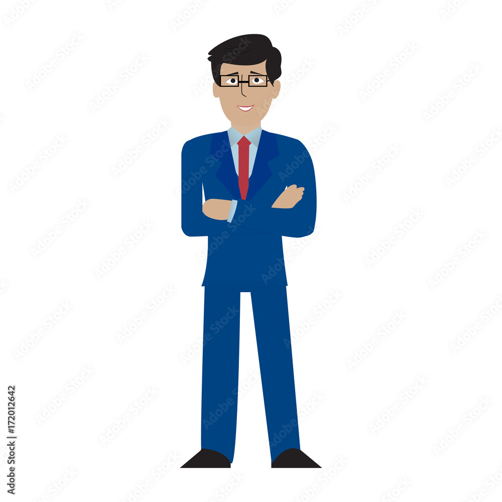 Young handsome businessman standing with folded arms. Blue suit, red tie and shirt. Front view. Flat illustration