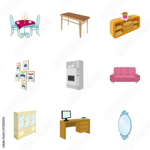 Coffee maker, sofa, mirror, table service in the restaurant and other web icon in cartoon style isometric. Interior and office furniture icons in set collection.