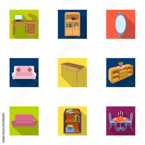 Coffee maker, sofa, mirror, table service in the restaurant and other web icon in flat style isometric. Interior and office furniture icons in set collection.