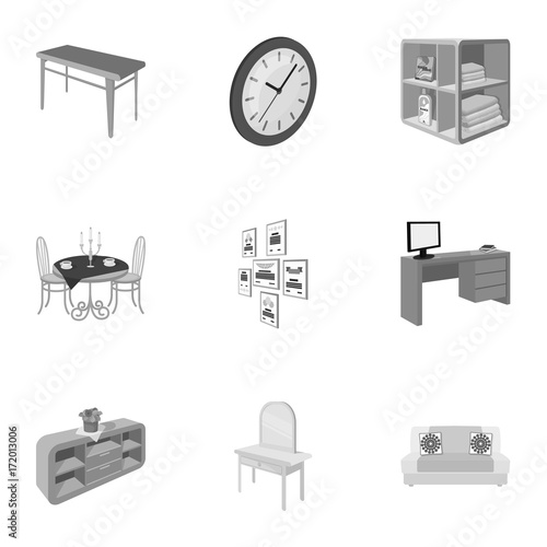 Coffee maker, sofa, mirror, table service in the restaurant and other web icon in monochrome style isometric. Interior and office furniture icons in set collection.