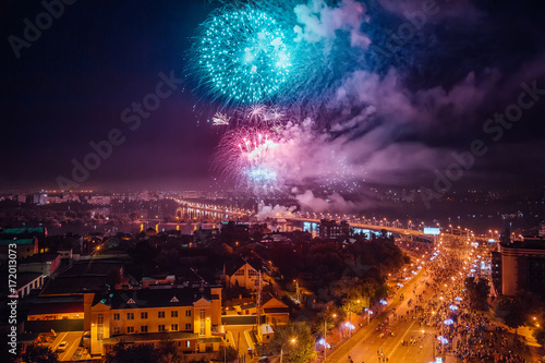 Salute above Voronezh during celebration of festival the Day of the City, aerial view from rooftop
