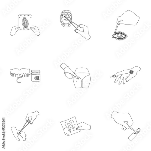 Anesthetic injection, examination of the tooth and other web icon in outline style. wound treatment, vision check icons in set collection.