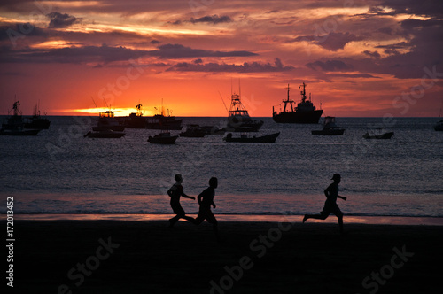 Sunset time in Nicaragua, in the town of San Juan de la Cruz, with kids playing around