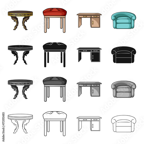 A dining table, a stool, an interior, a desk, an armchair. Furniture and home interiors set collection icons in cartoon black monochrome outline style vector symbol stock illustration web.